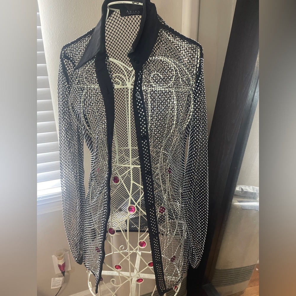Black and White Mesh Button-Up Shirt